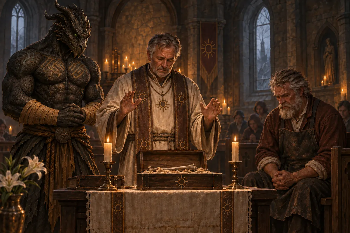 Father Lucian blesses the returned bones by candlelight as Ignatius watches and Henrik sits with his head bowed.