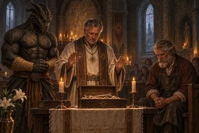 Father Lucian blesses the returned bones by candlelight as Ignatius watches and Henrik sits with his head bowed.