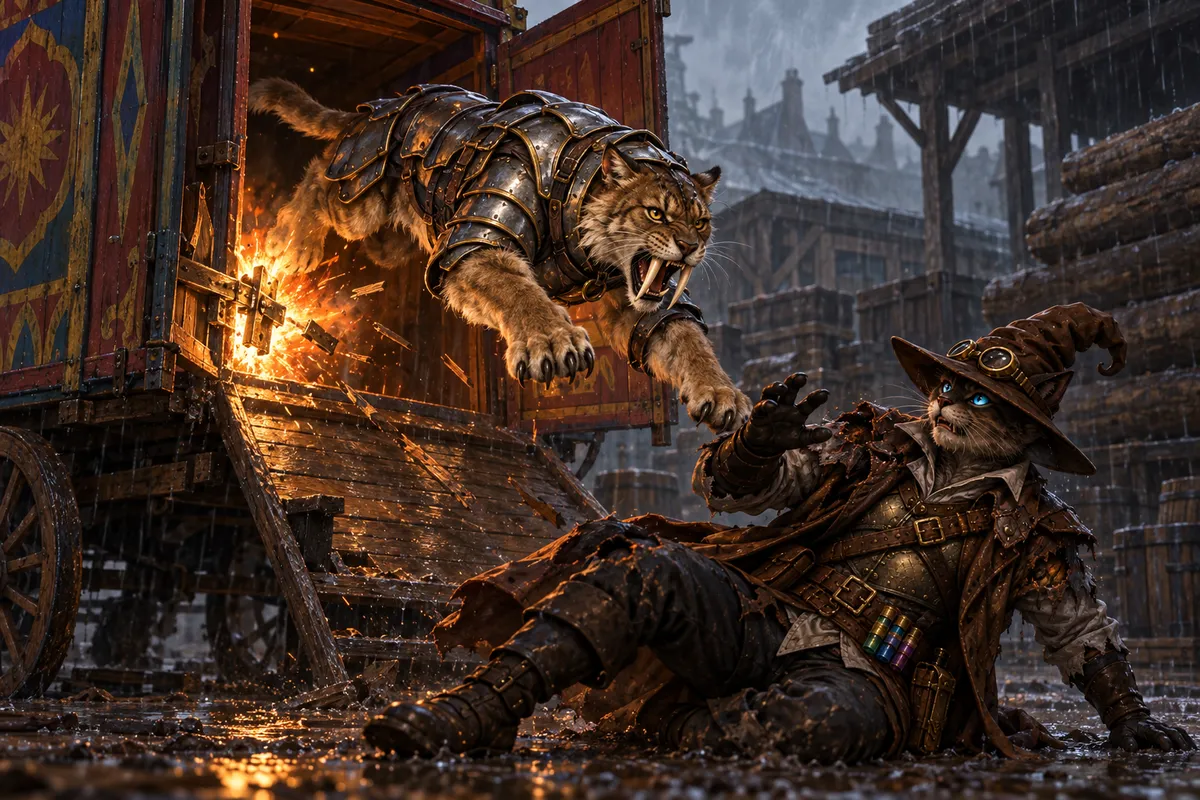 An armored sabercat leaps from a colorful wagon through the fiery trap as Carver recoils on the rain-soaked ground.