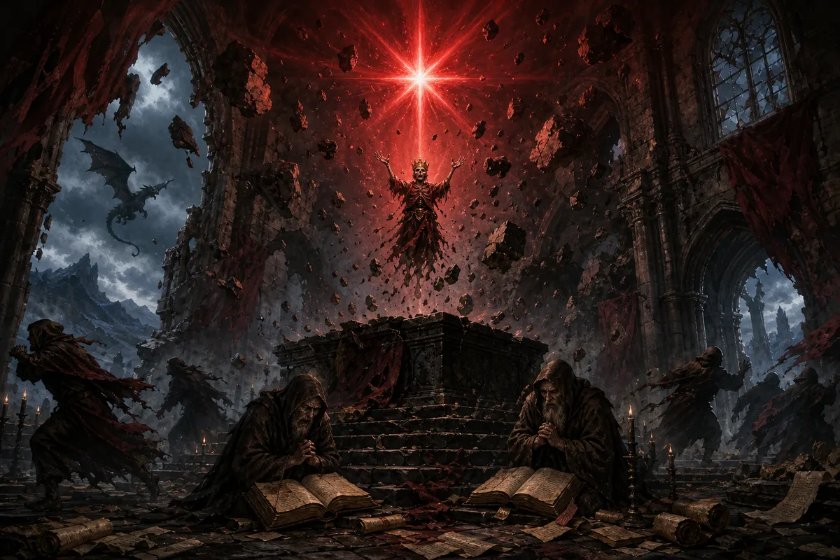 A crowned skeletal ruler rises above a dais while a red star burns in a shattered fortress chamber.