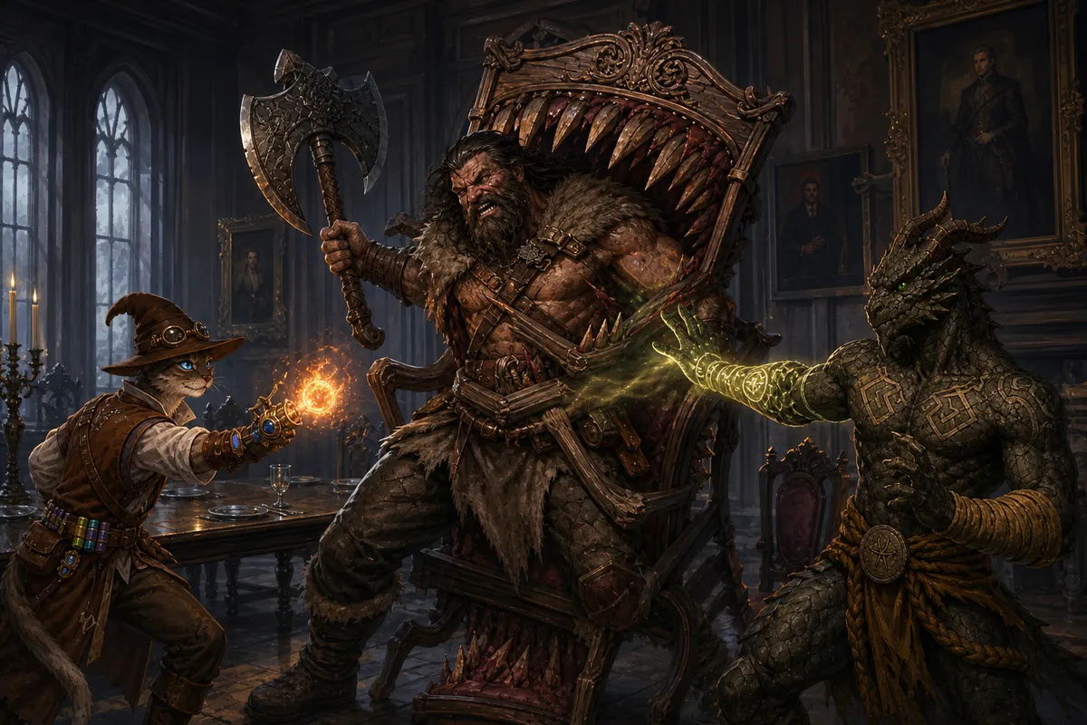A chair mimic traps Rage while Ignatius heals him and Carver readies fire magic.