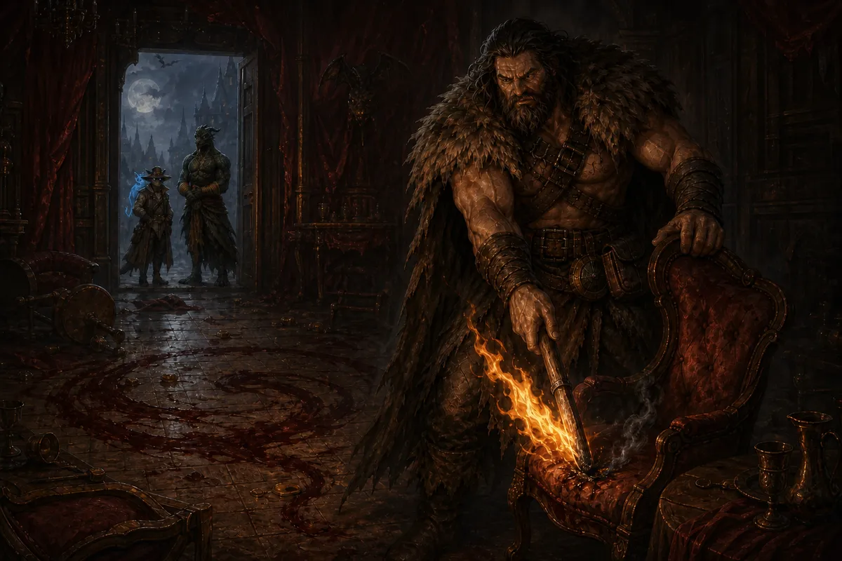 Rage presses a torch against a chair that chars but refuses to catch while the others wait outside.