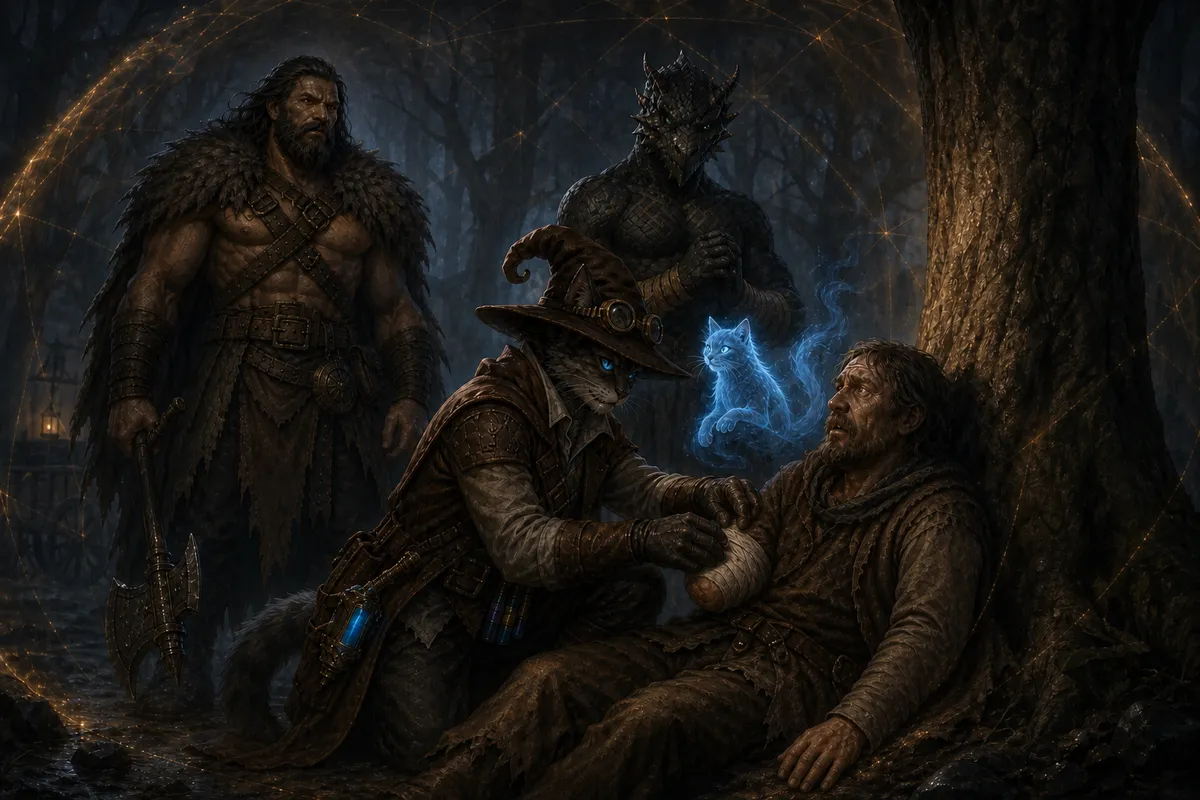 Carver tends Buddy's single amputated forearm within the Silent Sanctum while Rage and Ignatius look on.