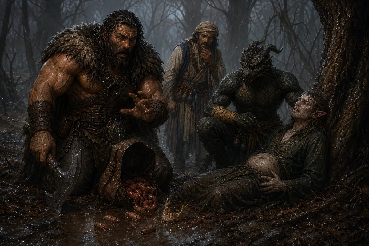 Rage recoils from the human remains spilled from a diseased elf's bag while Ignatius examines the stranger and Ooru watches in horror.