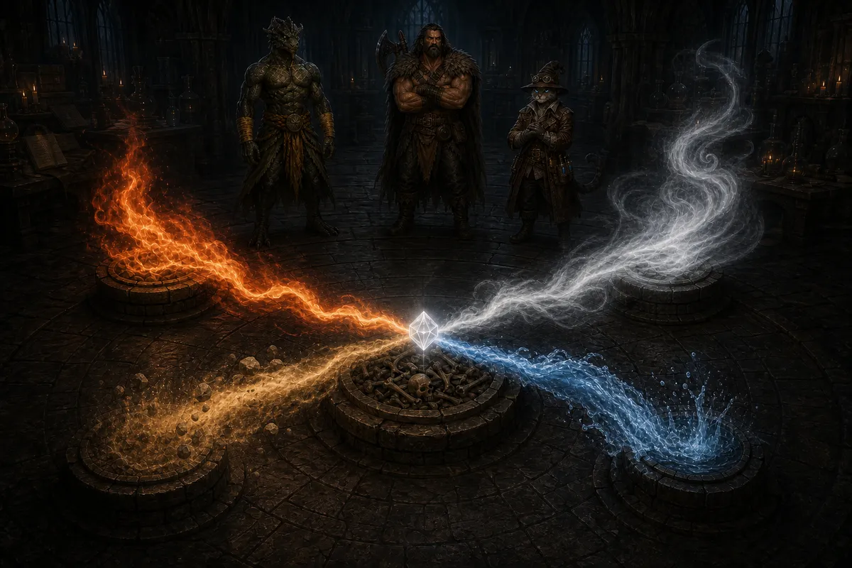 Four elemental plinths send earth, fire, water, and air into a small crystal above a central vessel of bones while Ignatius, Rage, and Carver watch.