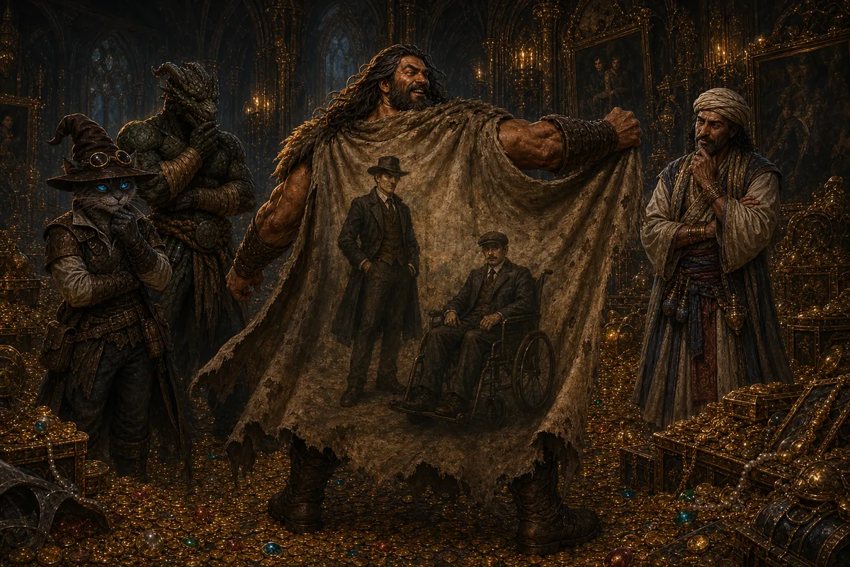Rage displays a ragged canvas cape cut from a portrait of two unknown investigators while Carver, Ignatius, and Ooru react amid the overflowing treasury.