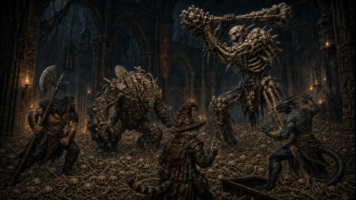 Pearl confronts a towering club-wielding bone beast while Rage, Carver, and Ignatius fight across a chamber whose floor is buried beneath skeletal remains.