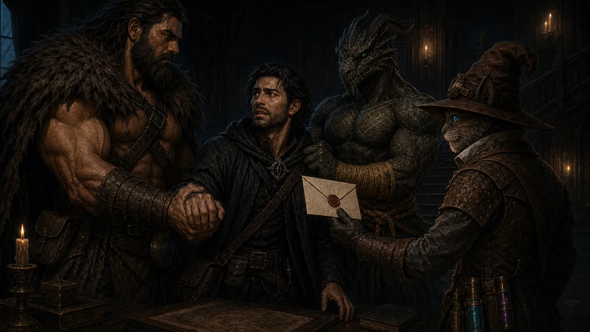 Rage grips Black Lily's wrist while Ignatius restrains him and Carver presents Darian's sealed letter.