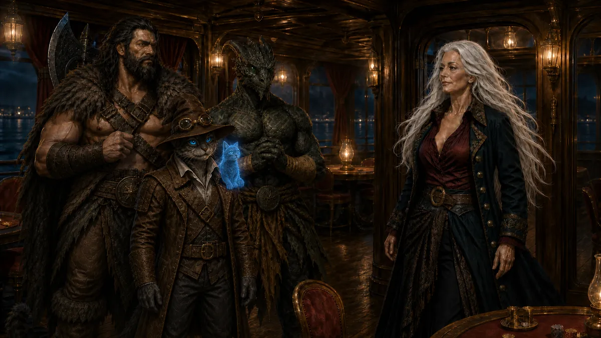 Captain Snowmane approaches Rage, Ignatius, Carver, and Chip in the River Dancer's lantern-lit gaming lounge.
