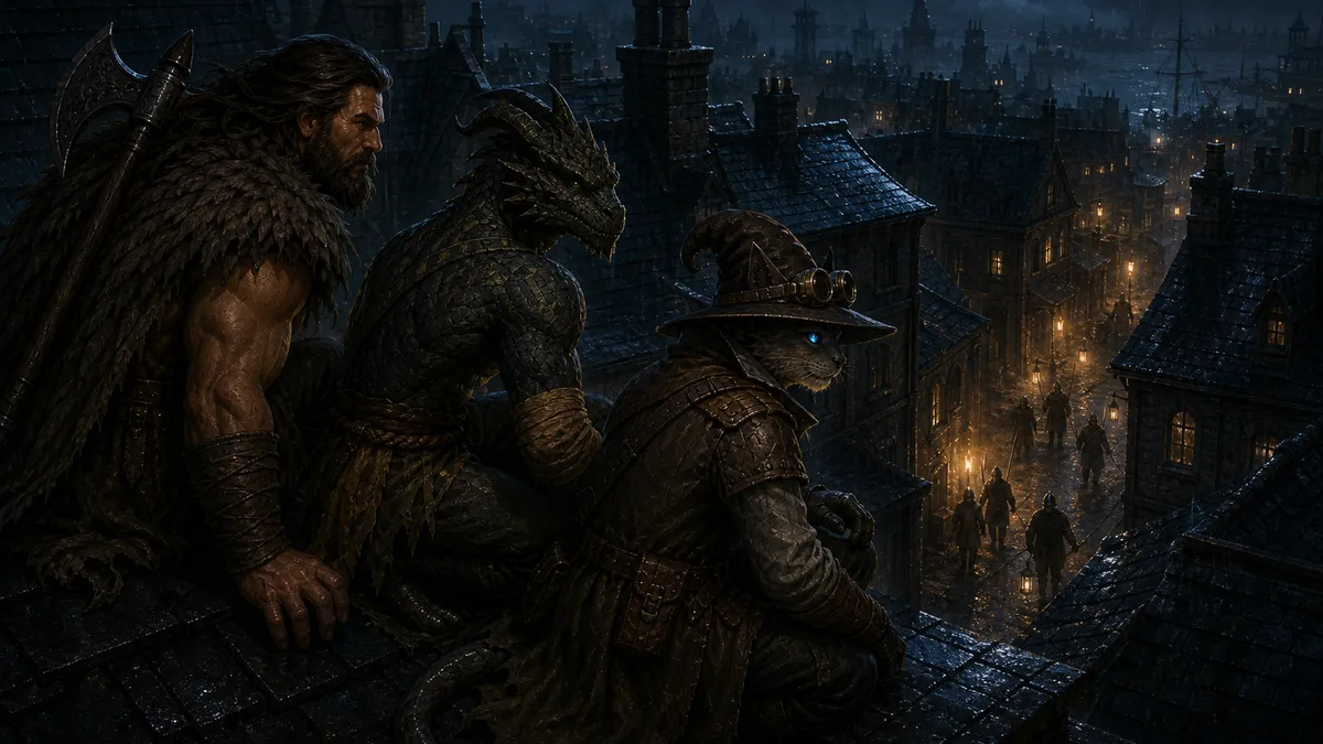 Rage, Ignatius, and Carver crouch on rain-slick Martira Bay rooftops while guards search the alley below.