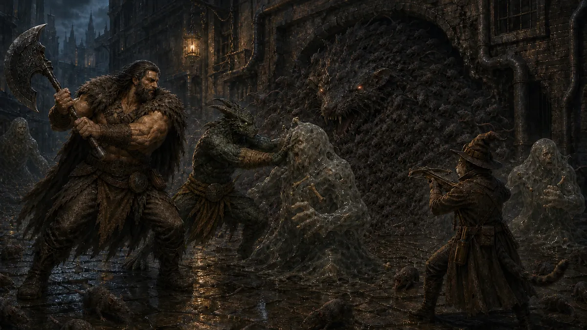 Rage, Ignatius, and Carver fight three Boneless in a wet alley as rats merge into a huge creature behind them.