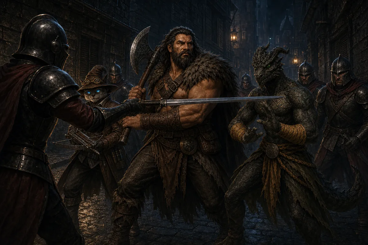 A Martira Bay guard captain thrusts a sword across Rage's path as Carver and Ignatius react in a narrow rain-dark alley.