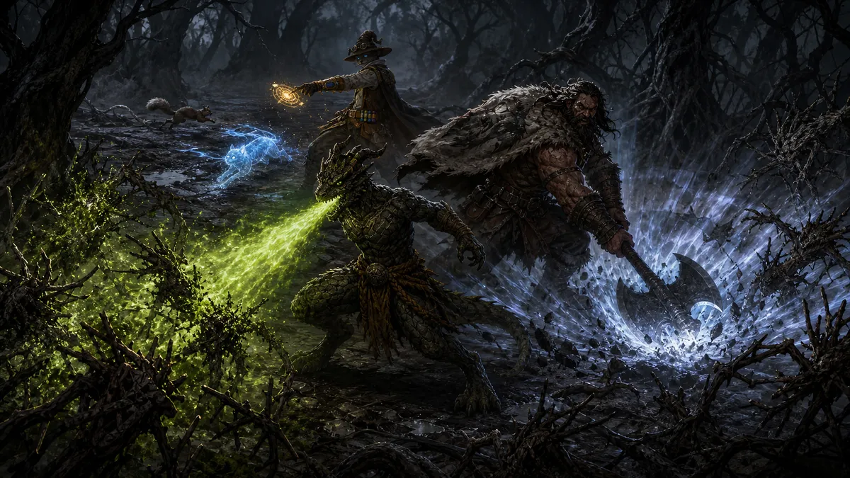 Ignatius sprays acid over a mass of twig blights while Rage's thunderwave tears through the Svalich Woods and Chip pursues the squirrel messenger.