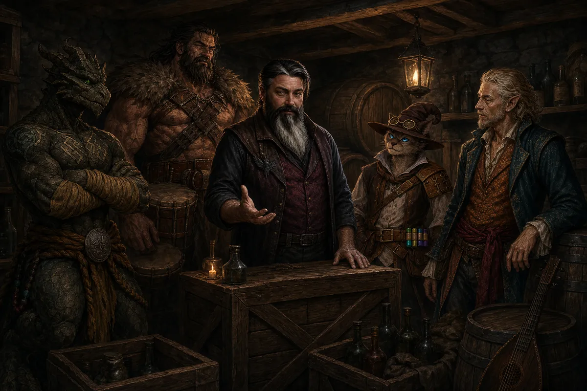 Ignatius, Rage, and Carver confer with Urwin and Rictavio among the wine casks and storage crates beneath the Blue Water Inn.