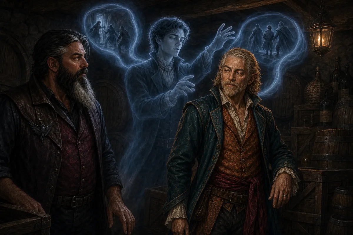 Erasmus manifests behind an unaware Rictavio and conjures blue-white images of Vistani breaking into Richten House and carrying a boy away while Urwin watches.