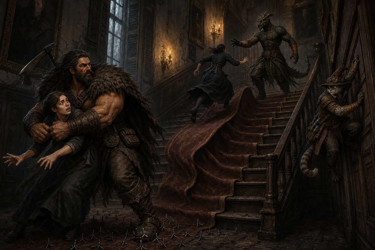 Rage restrains one frightened servant among scattered caltrops while another runs up an animated carpet toward Ignatius and Carver clings to the staircase wall.