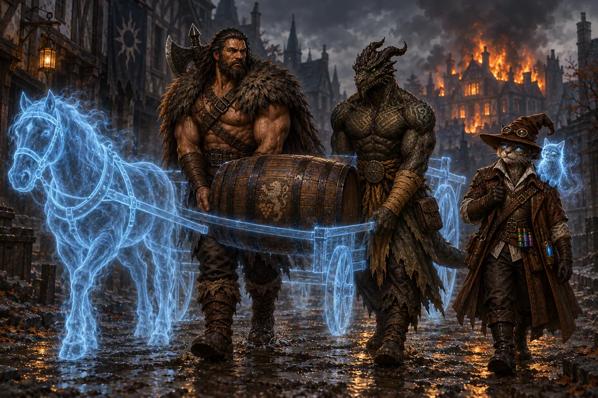 Rage and Ignatius carry an oak wine barrel within a translucent horse-and-cart illusion while Carver and spectral Chip accompany them away from the burning manor.