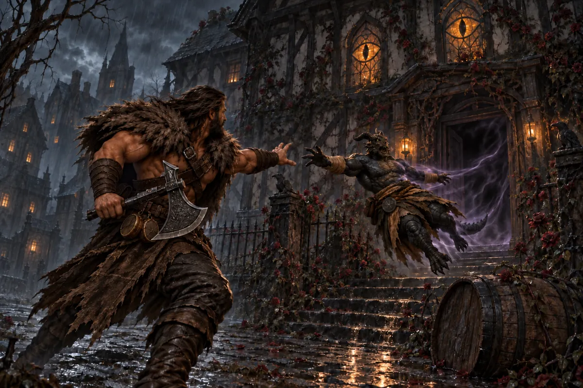 Rage reaches toward Ignatius as the dragonborn is pulled into Watcher House beneath staring stained-glass windows, with the abandoned wine barrel beside the steps.