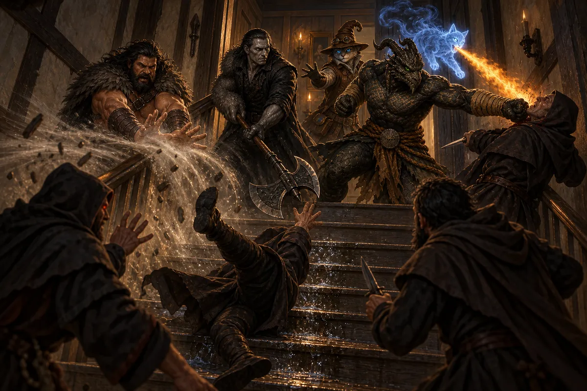 Rage unleashes thunder as Izek and Ignatius hold the basement doorway; Carver casts behind them and spectral Chip breathes fire while a cultist slips on the greased stairs.