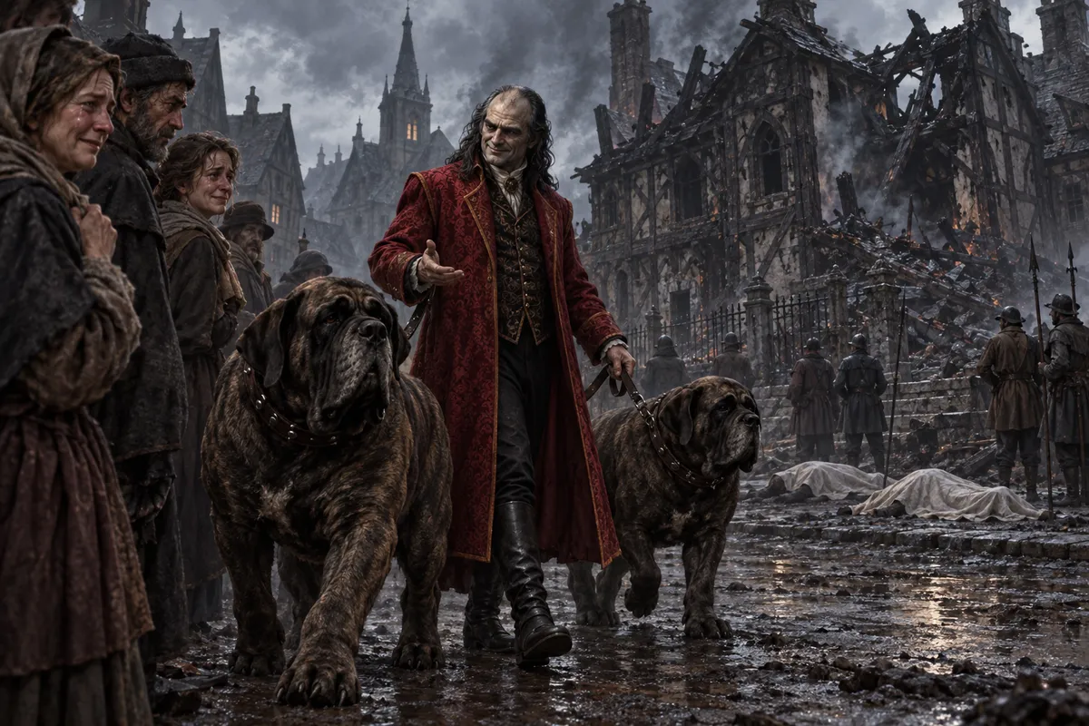 The burgomaster walks two enormous mastiffs past frightened smiling citizens, covered bodies, and the smoking ruins of Watcher House.