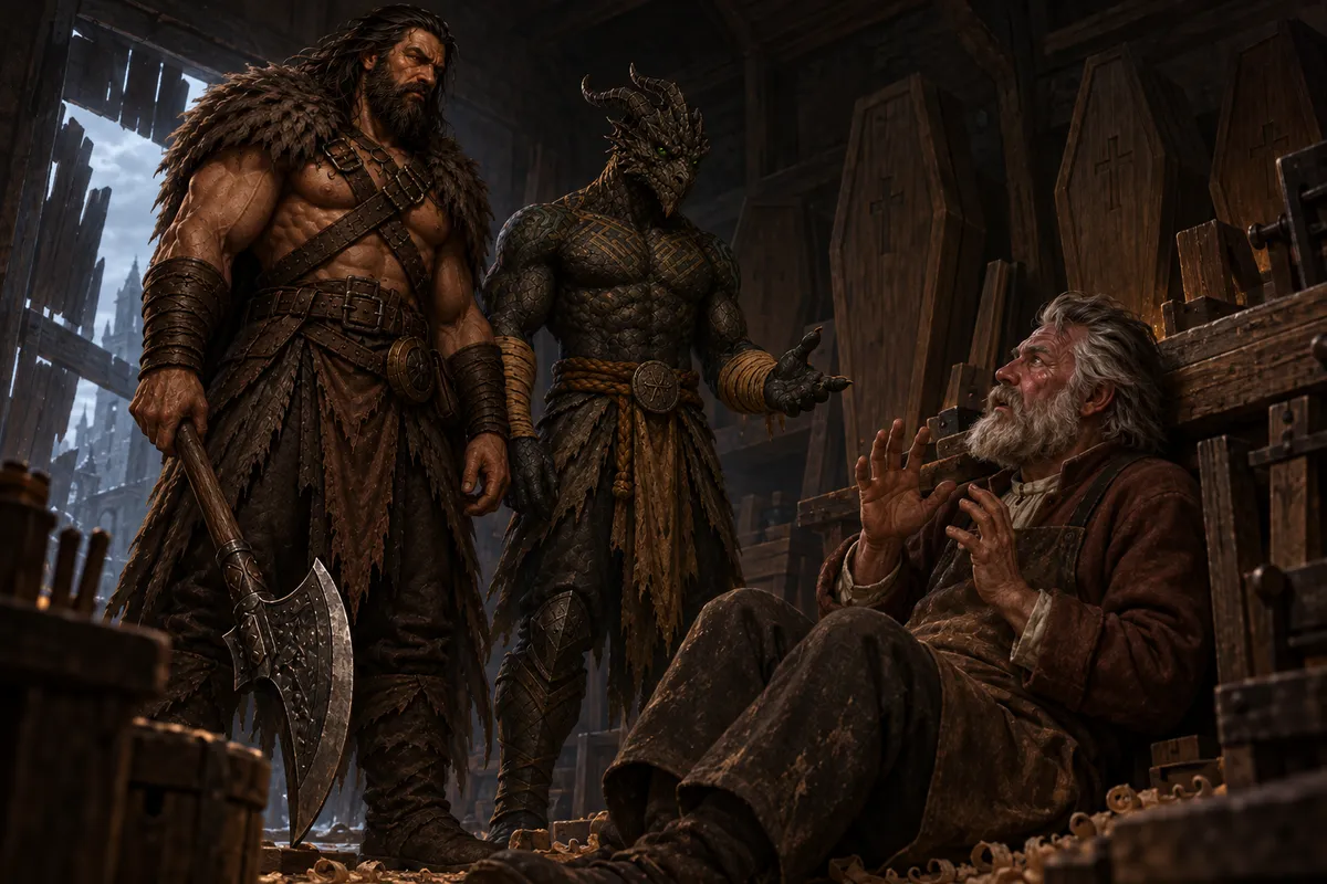 The gray-bearded coffinmaker cowers on his workshop floor as Rage stands with his axe lowered and Ignatius questions him beside the broken doorway.