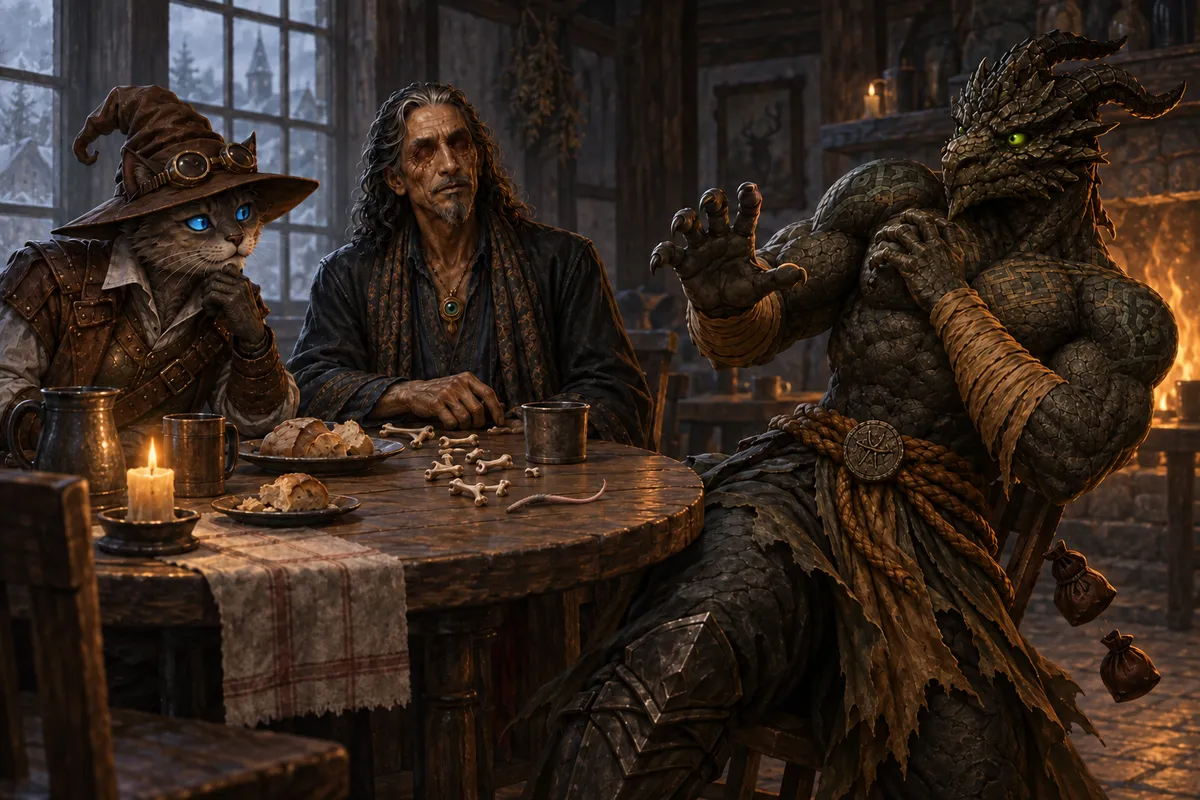 Ignatius recoils from a detached rat tail among Hyskosa's casting bones while Carver watches in puzzlement at the inn breakfast table.