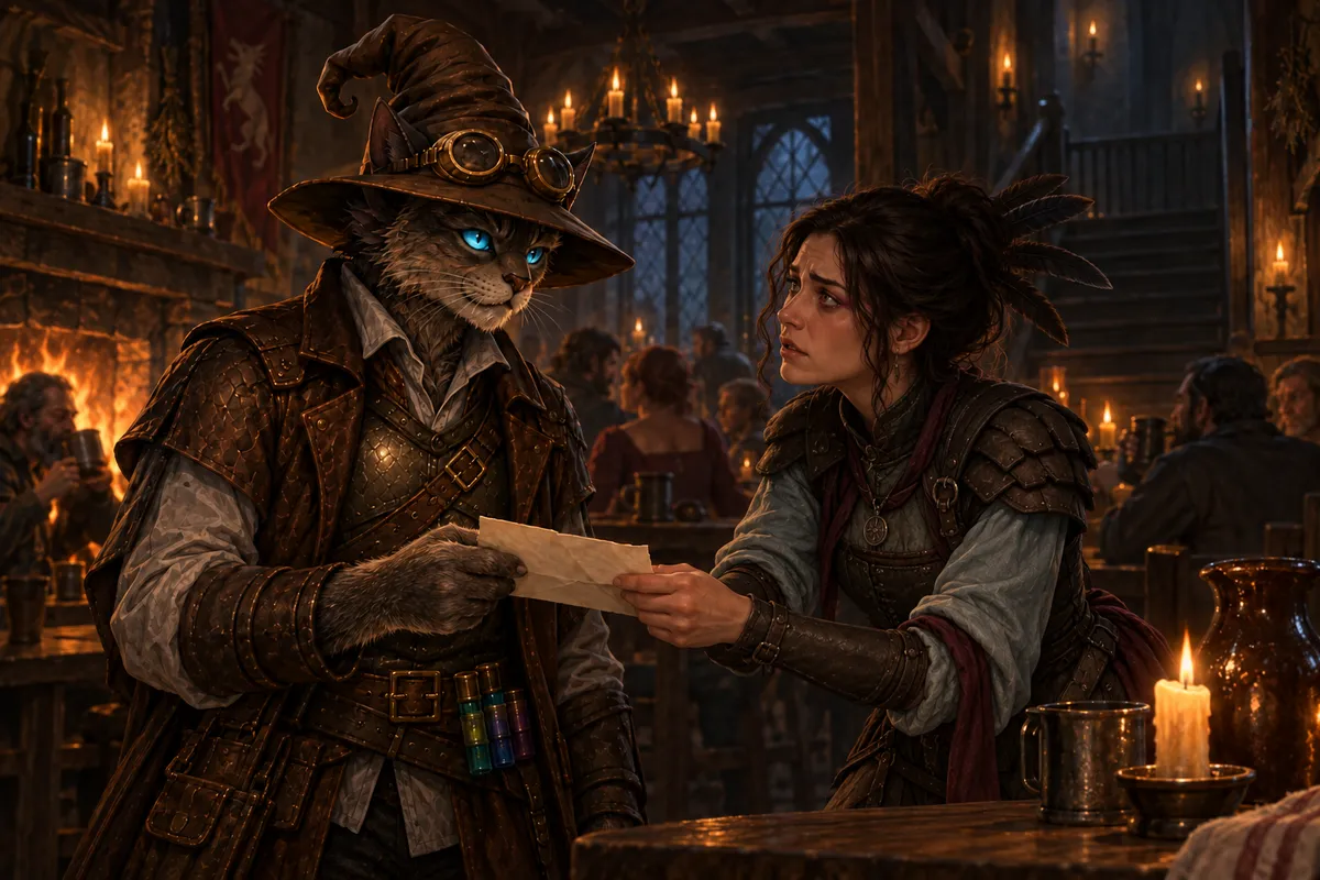 A distressed Danica hands Carver a folded letter in the busy Blue Water Inn, with an empty staircase behind them.