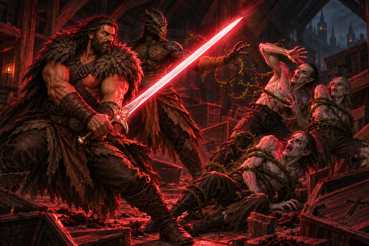 Rage holds his red-tinted radiant Sun Blade against recoiling vampires while Ignatius controls vines among broken crates and spilled soil.