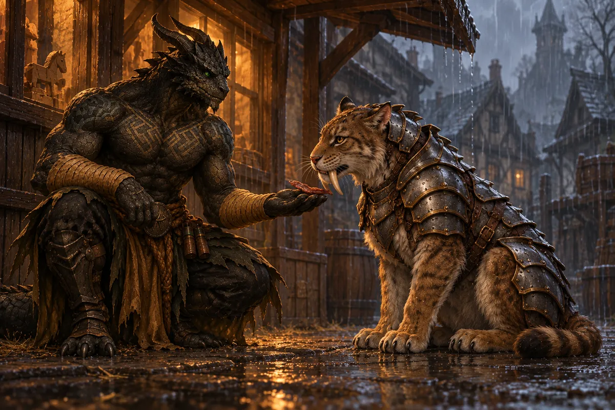 Ignatius offers jerky on his scaled palm to the seated armored sabercat beneath Blinsky's rear awning in the rain.