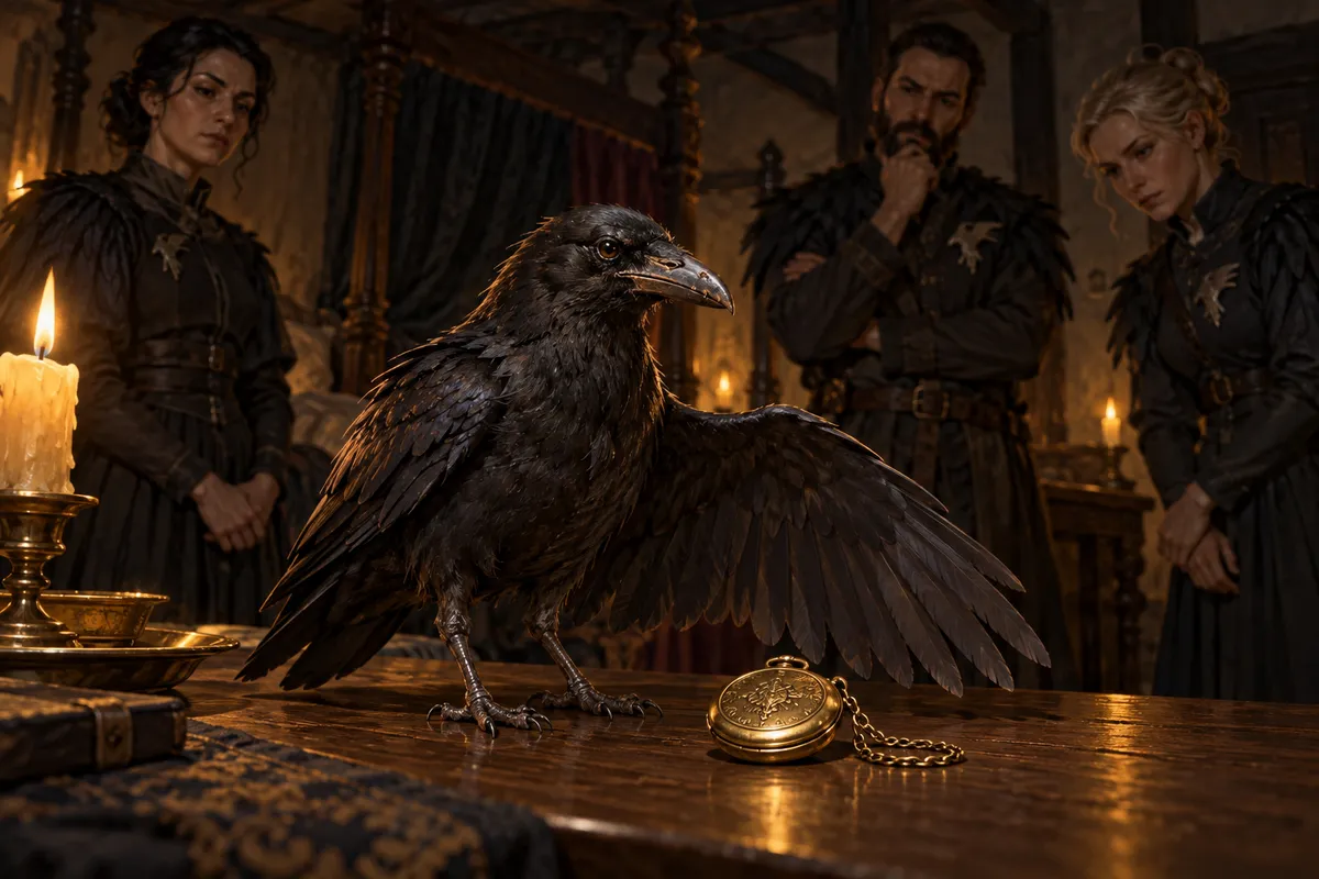 An aged black raven stands on a table beside a brass pocket watch, with three feather-clad Keepers behind him.