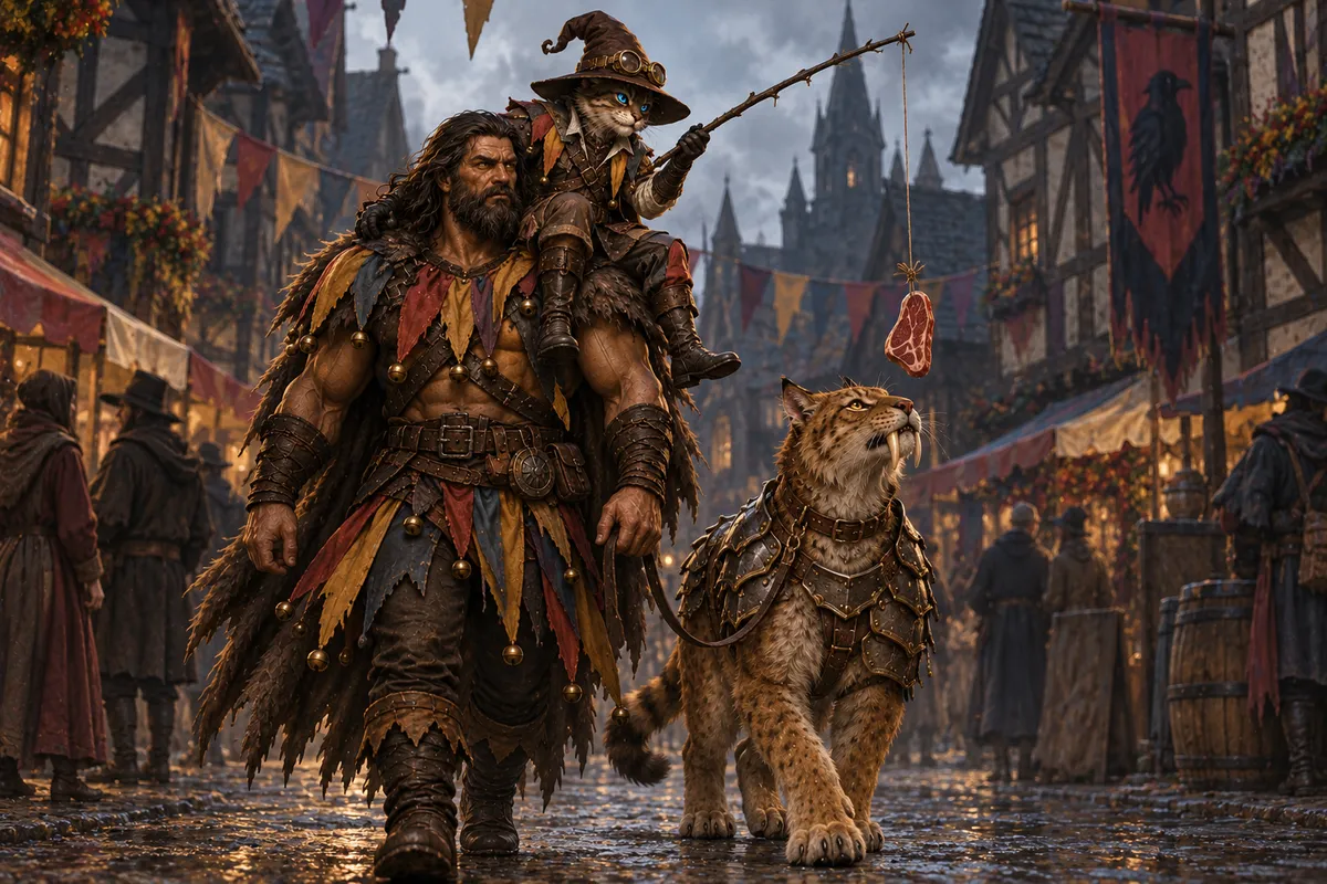 Carver rides Rage's shoulder and dangles a steak from a makeshift rod while the armored sabercat follows them through festival-decorated Vallaki.