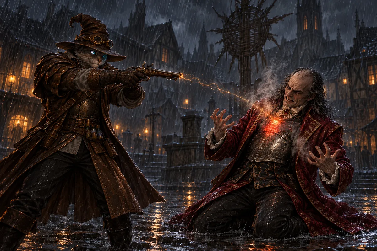 Carver aims his pistol as an amber spell trail reaches Vargas's breastplate and the burgomaster collapses to his knees in the rain.
