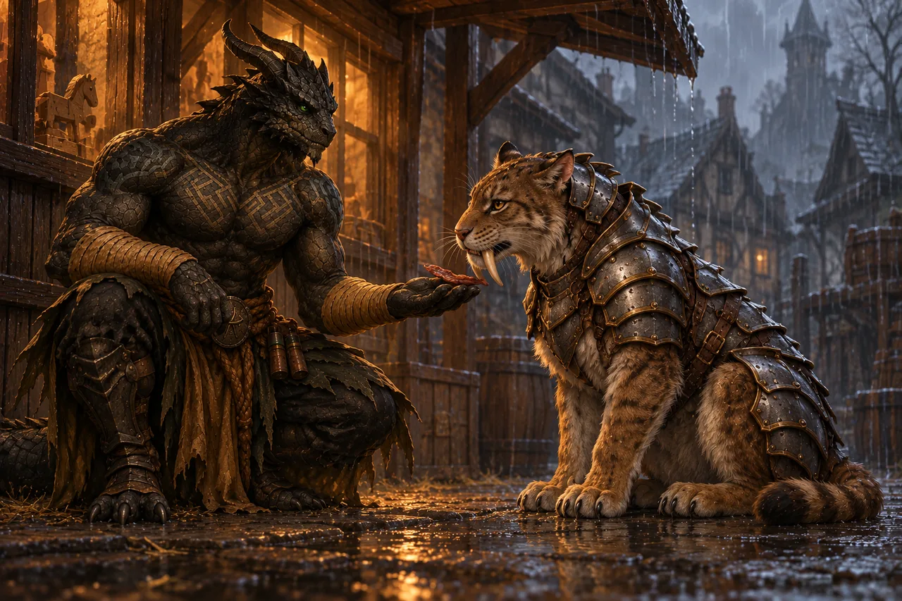 Ignatius offers jerky on his scaled palm to the seated armored sabercat beneath Blinsky's rear awning in the rain.