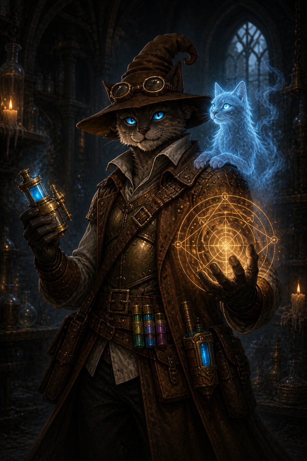 Carver works amber artificer magic while the spectral Chip perches on his shoulder.