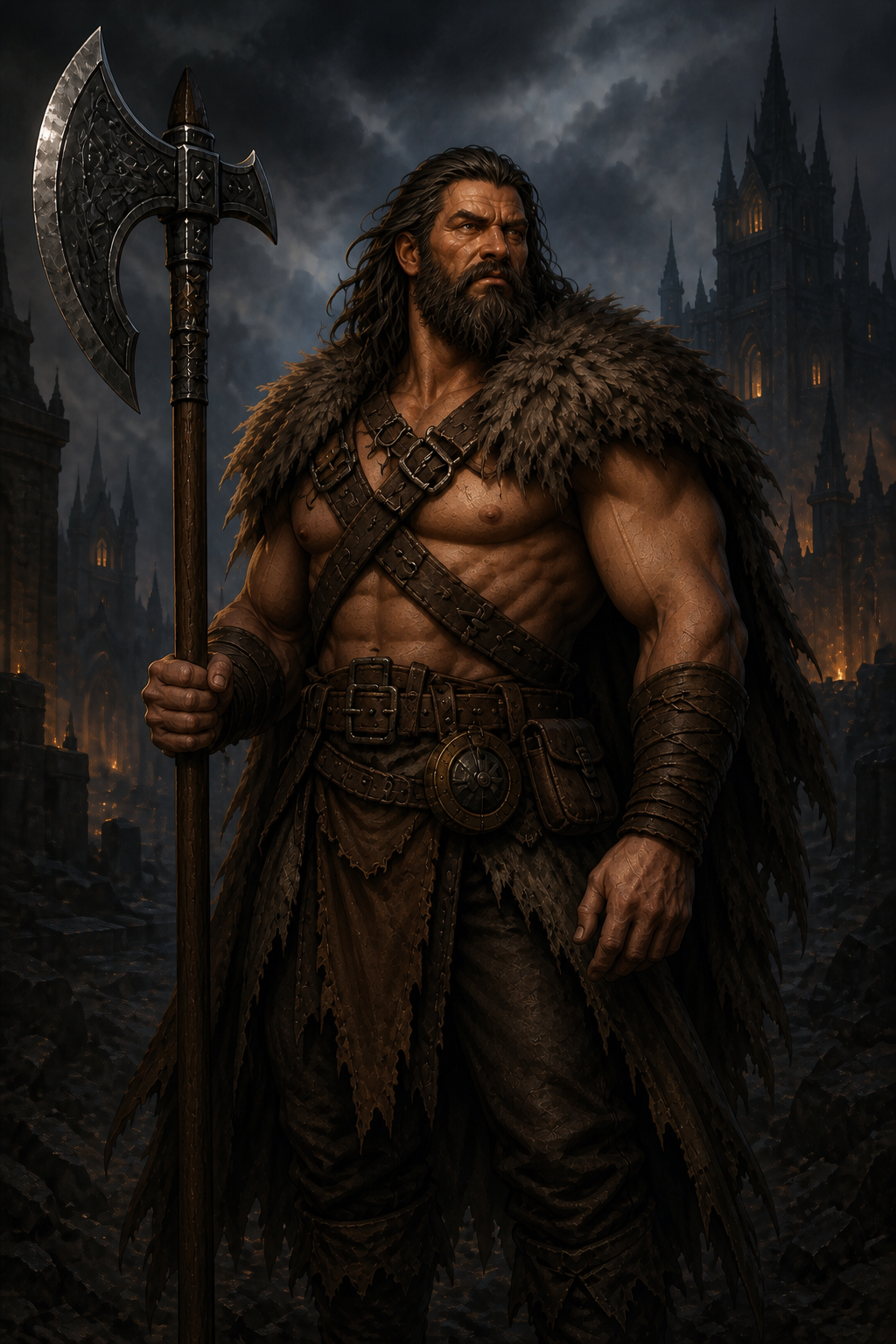Rage standing amid the ruins of Darkon with his greataxe held upright at his side.