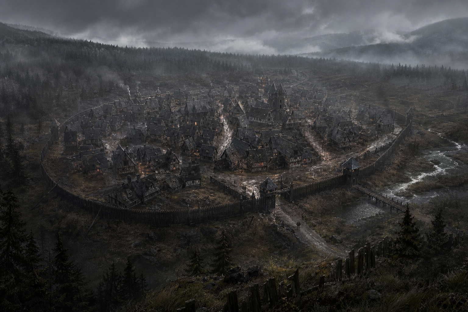 An angled aerial view of Vallaki's timber houses, muddy streets, palisade walls, and eastern bridge beneath heavy gray clouds.