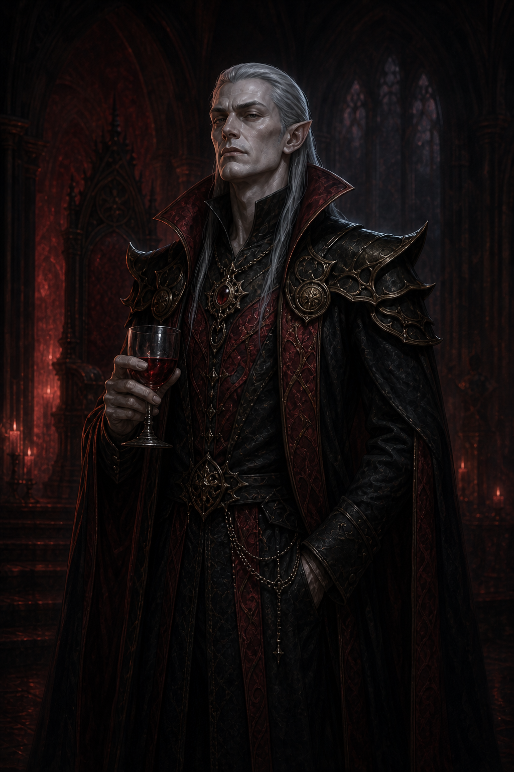 Allaric Van Stradleheim, a pale silver-haired vampire in ornate black-and-crimson noble regalia, holds a glass of dark red wine in Castle Avernus.
