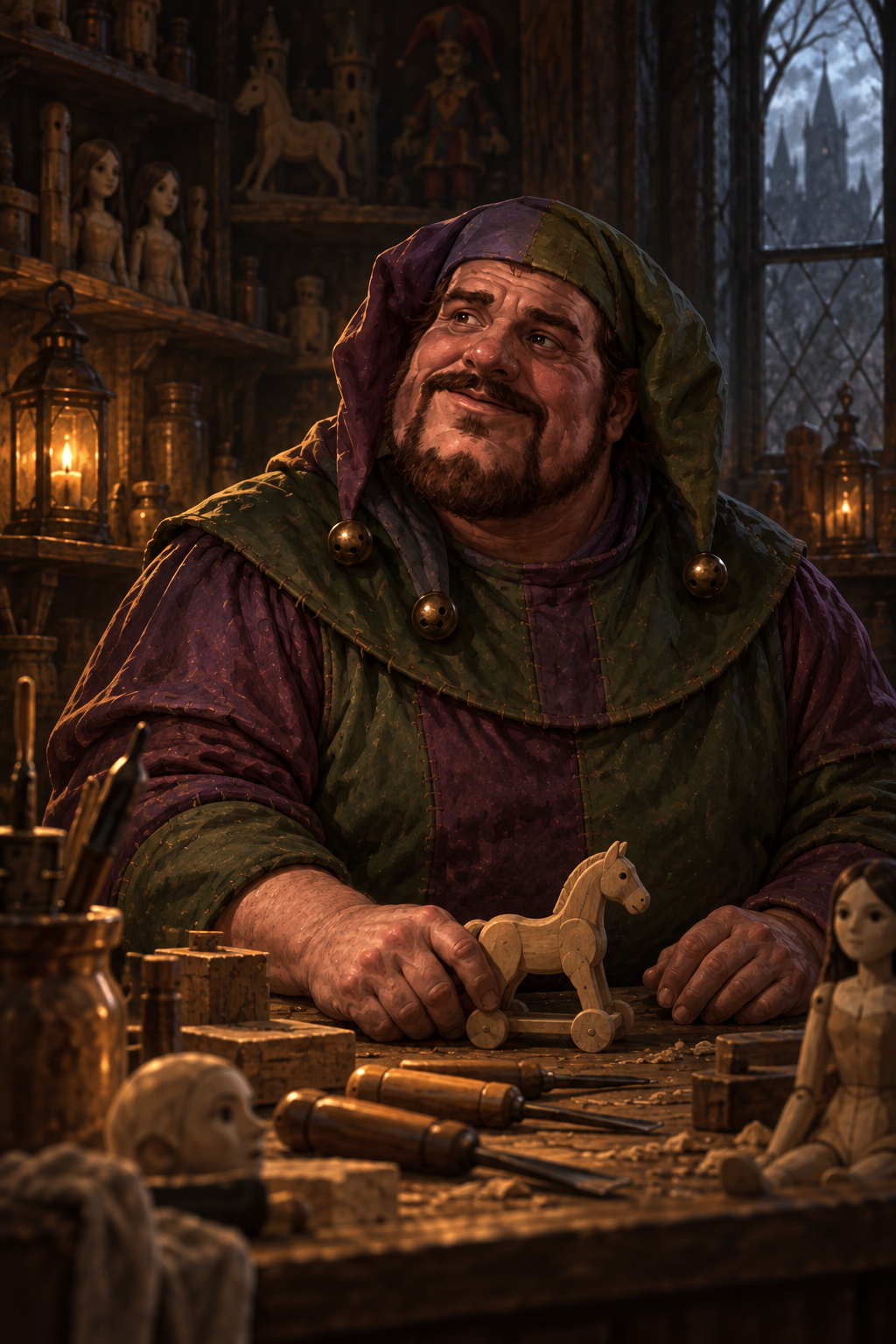 Blinsky, a rotund rosy-faced toymaker in green and plum motley, smiles behind his workbench beside a wooden toy horse.