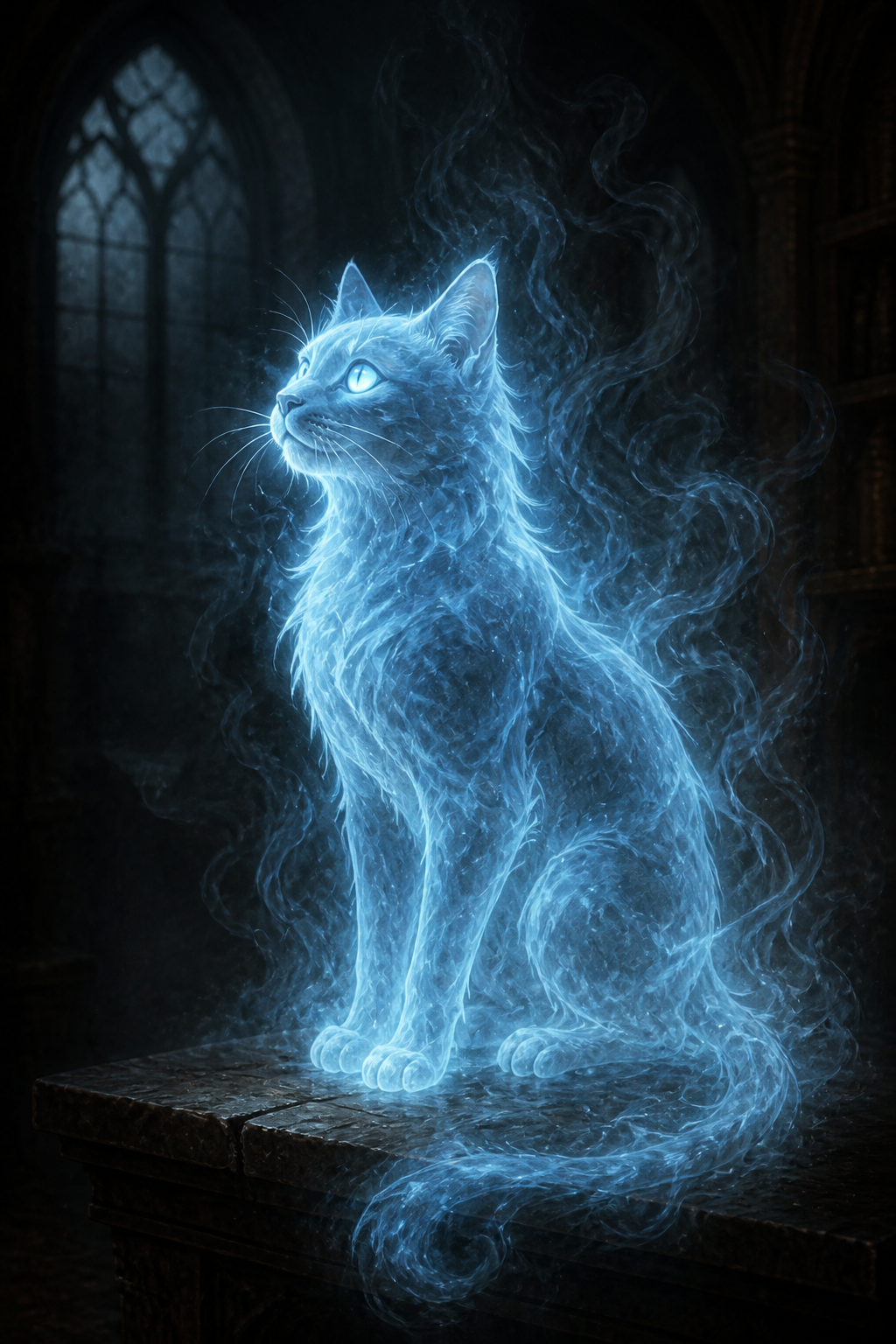 Chip, a luminous blue-white feline spirit made entirely of curling Shroud mist.