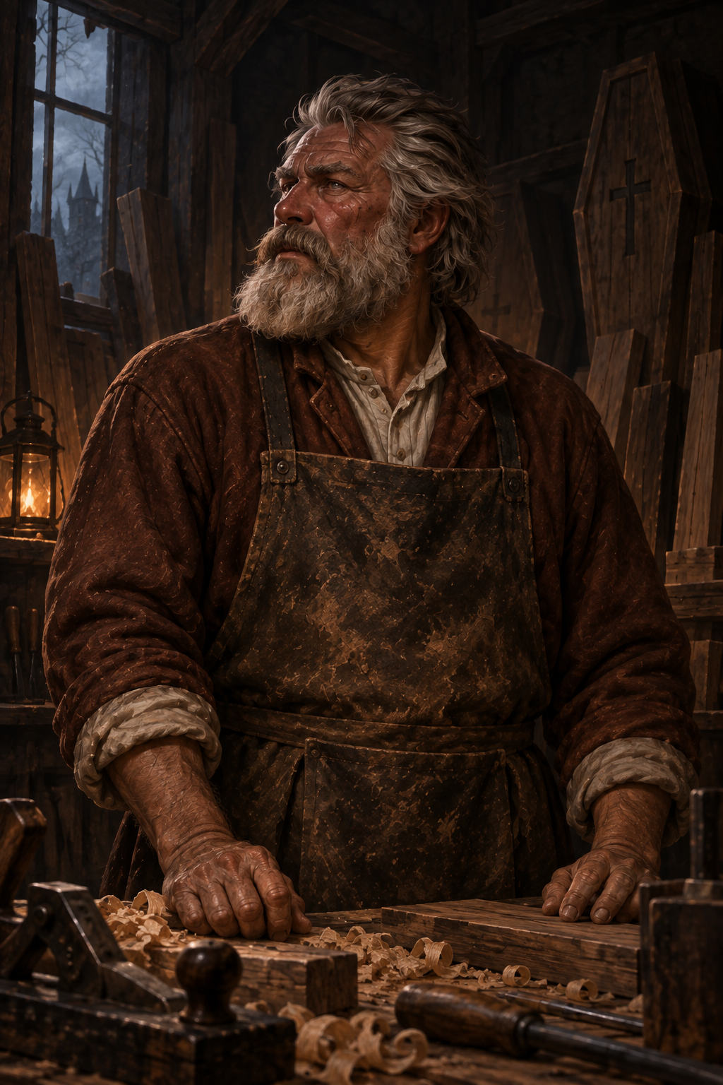 The gray-haired, full-bearded coffinmaker stands at his workbench in a brown coat and worn apron, looking aside with a guarded expression.