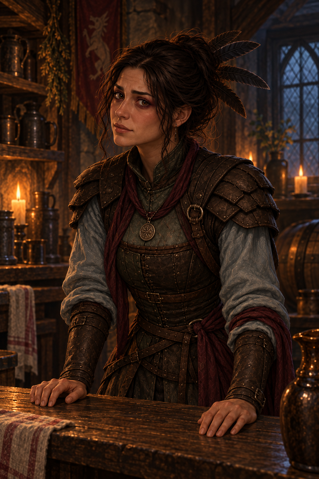 Danica stands behind the Blue Water Inn counter with dark feathers in her pinned-up hair, layered leather shoulders, teal sleeves and burgundy accents.