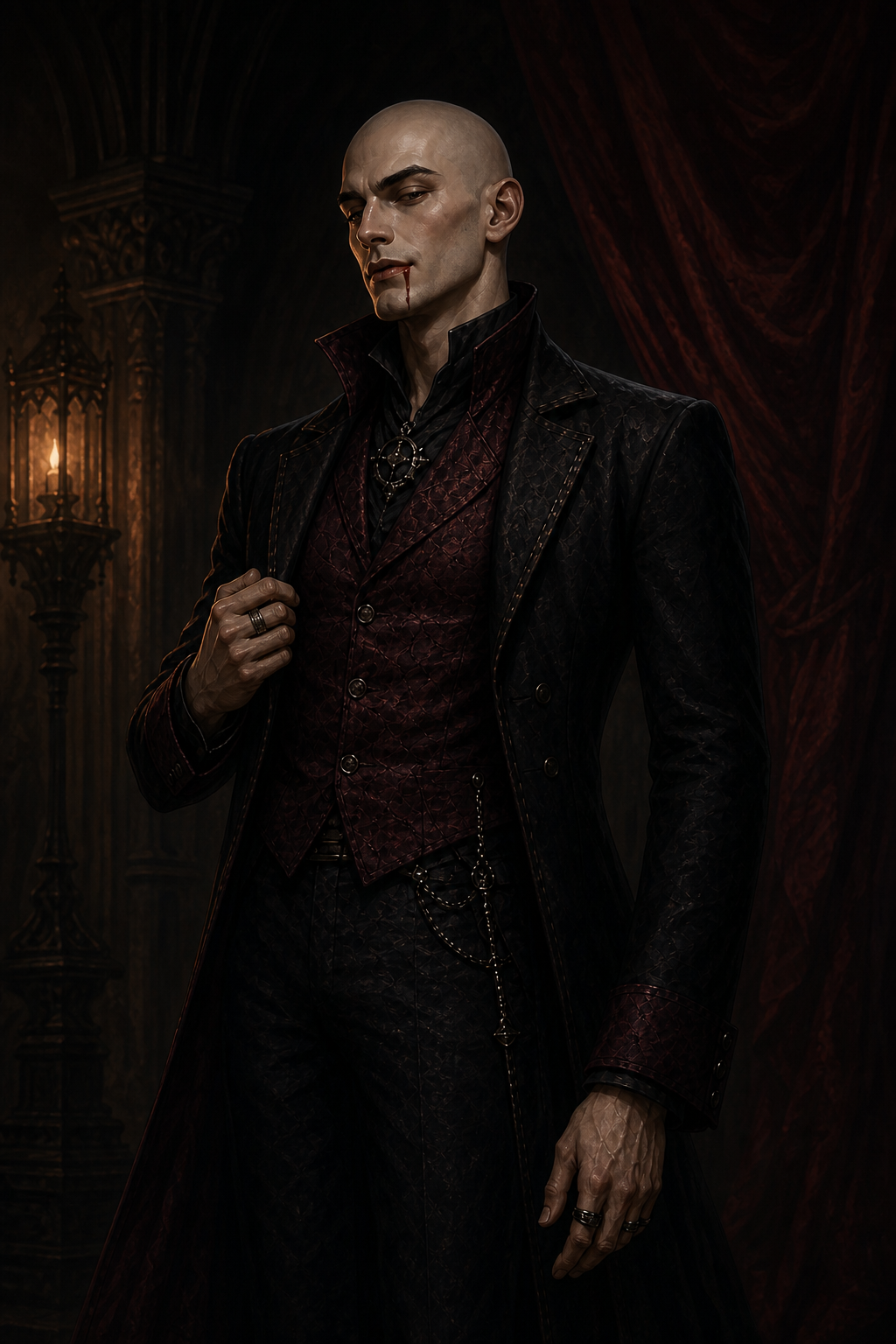 Darian Corvrick, a refined bald vampire in wine-dark formalwear.