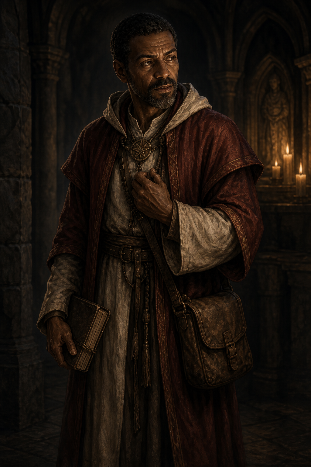 Duskren stands in the Shrine of the Spirits with a notebook and weathered satchel.