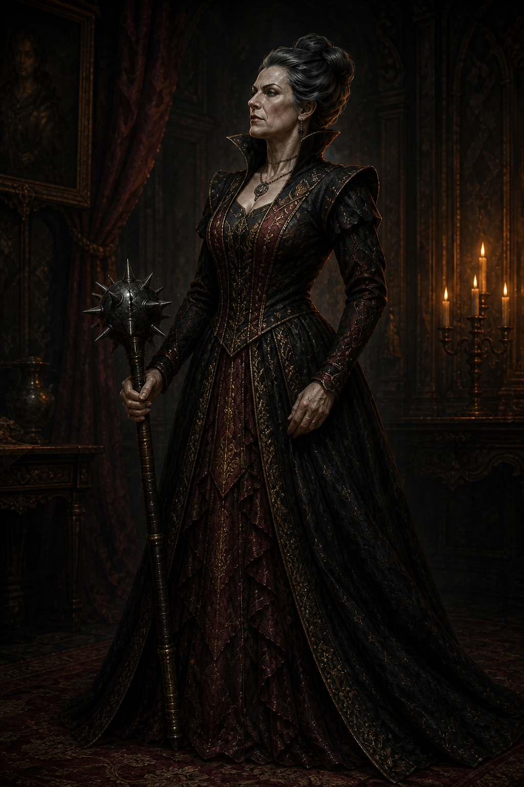 Fiona Watcher, a severe iron-gray-haired Barovian noblewoman in an ornate black-and-burgundy gown, stands with a dark spiked mace in her aging manor.