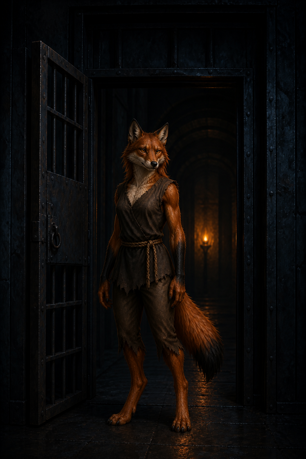Fling, a russet-and-cream humanoid werefox in worn prison clothes, standing at an open cage in Castle Avernus.