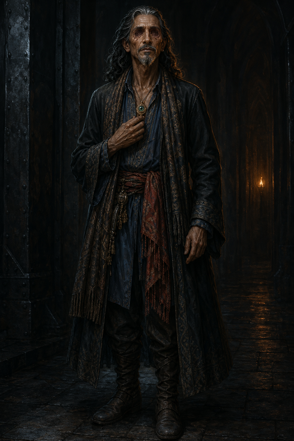 Hyskosa, an eyeless Vistani seer with silver-streaked black hair, standing in a shadowed Castle Avernus passage.
