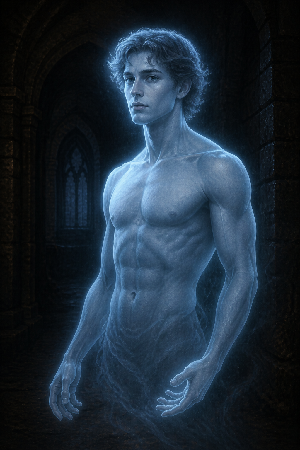 Irik Zal'honan, a strongly muscled young ghost glowing with silver-blue light in a shadowed chamber of Castle Avernus.