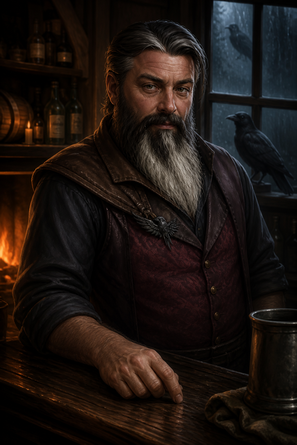 Irwin, a serious middle-aged innkeeper with dark gray-streaked hair and a black-and-white beard, stands behind the Blue Water Inn's polished bar.