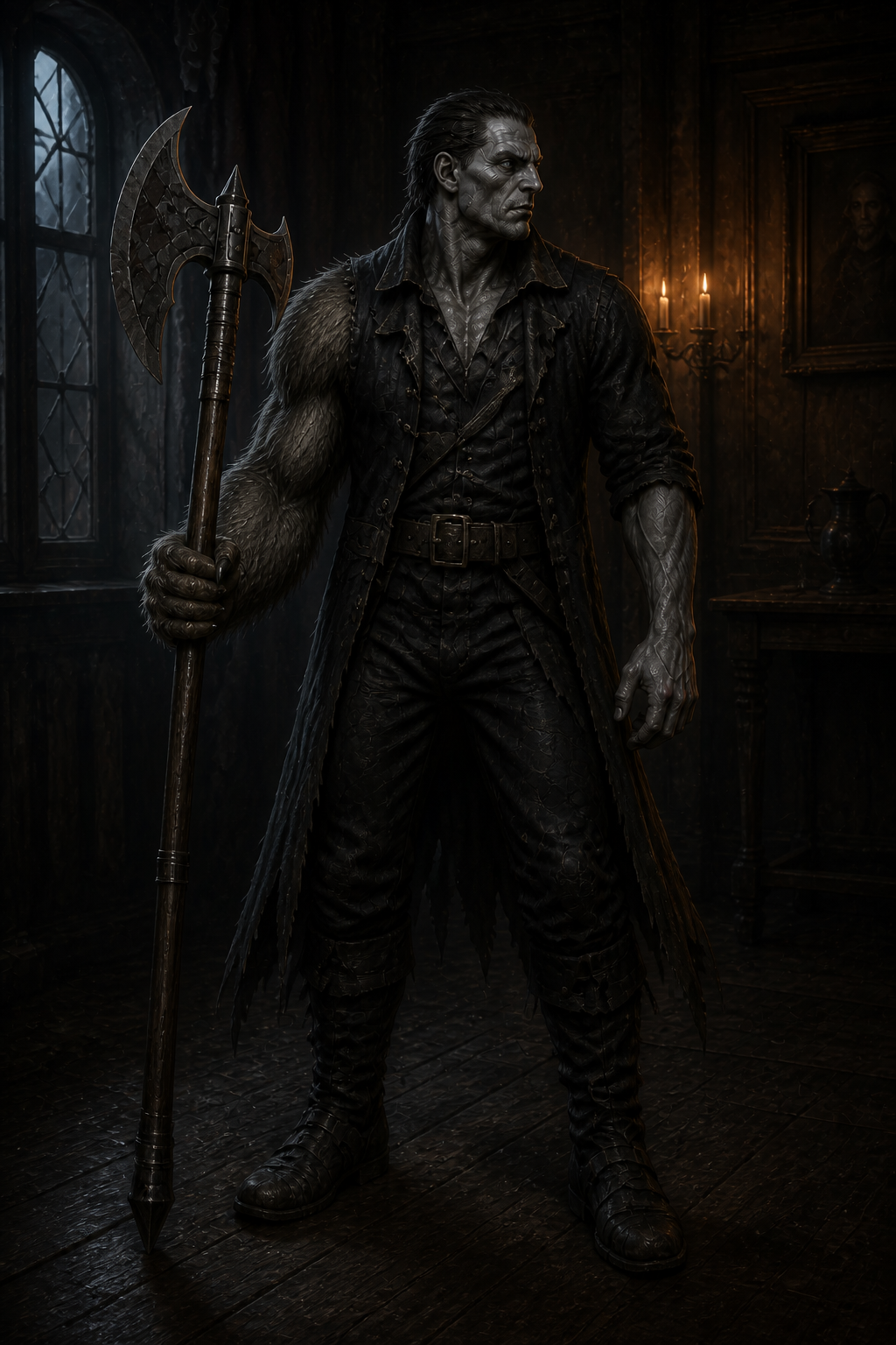 Izek, a powerful ashen man in rough black clothing, grips a tall battle axe in his single furred clawed arm inside Lady Watcher's aging manor.