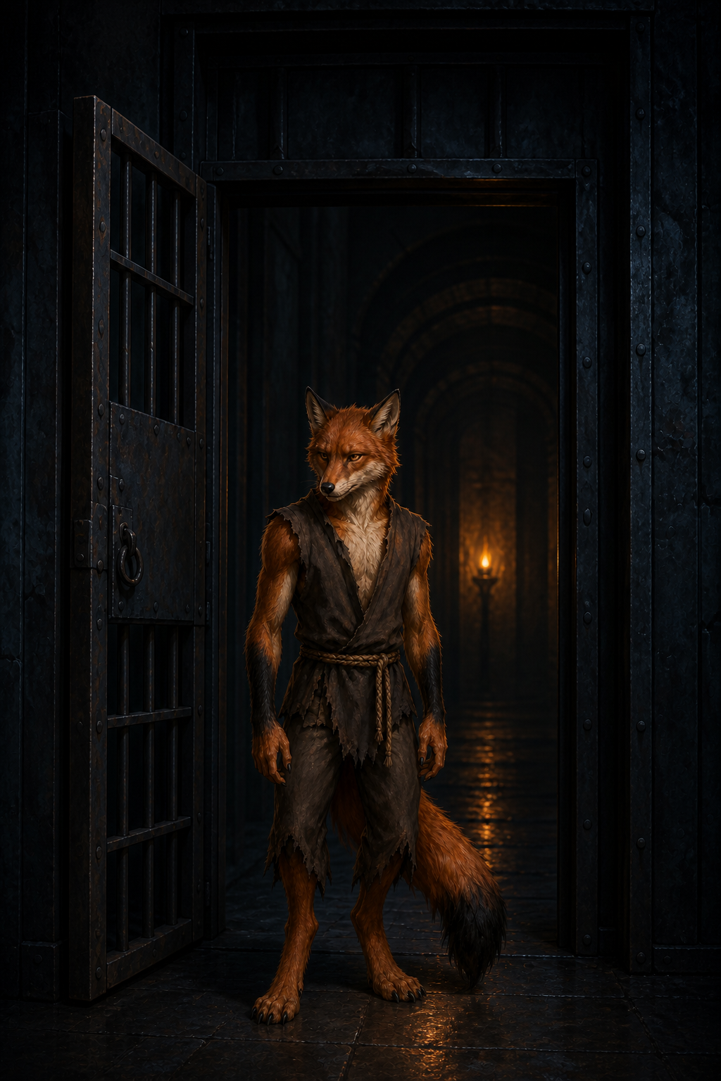 Lafing, a russet-and-cream humanoid werefox in ragged prison clothes, standing by an open cage in Castle Avernus.